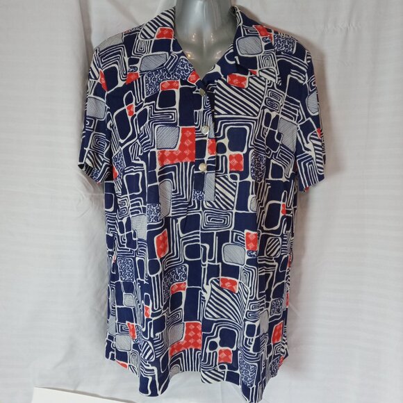 Vintage Blouse Button Down Shirt Women's Sz XL Blue Red White Geometric Retro - Picture 2 of 14